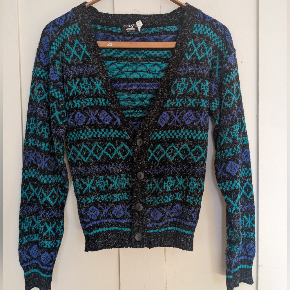 Vintage Cardigan Sweater S Longsleeve 90s Nordic Black Blue Green Gray